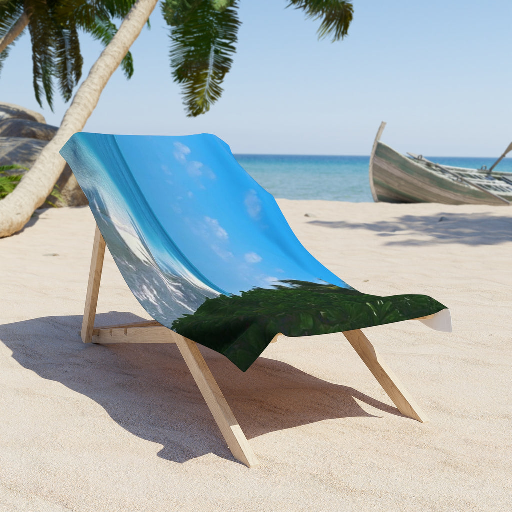 Sunny Cove beach towel draped over a wooden beach chair on the sand (chair not included)
