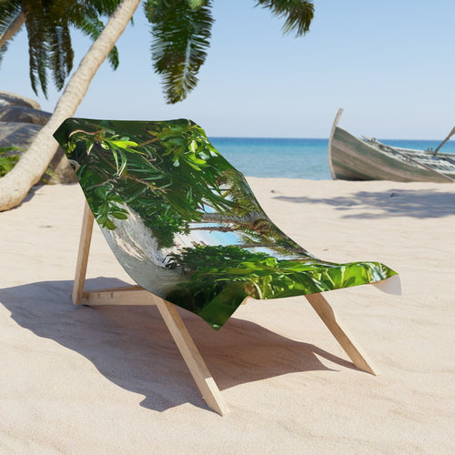 Hidden Beach Path beach towel draped over a wooden beach chair on the sand (chair not included)