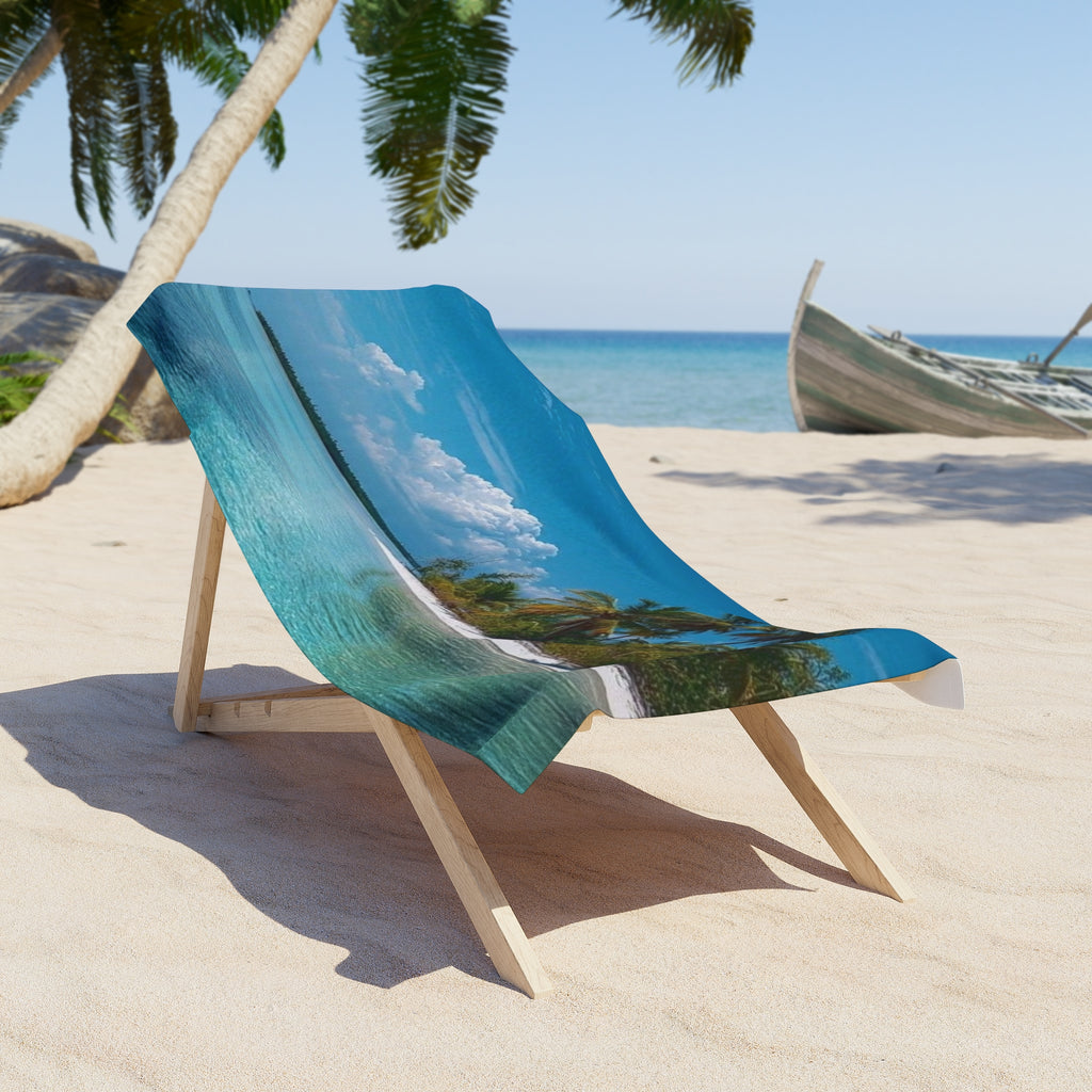 Calm Island Shore beach towel draped over a wooden beach chair on the sand (chair not included)