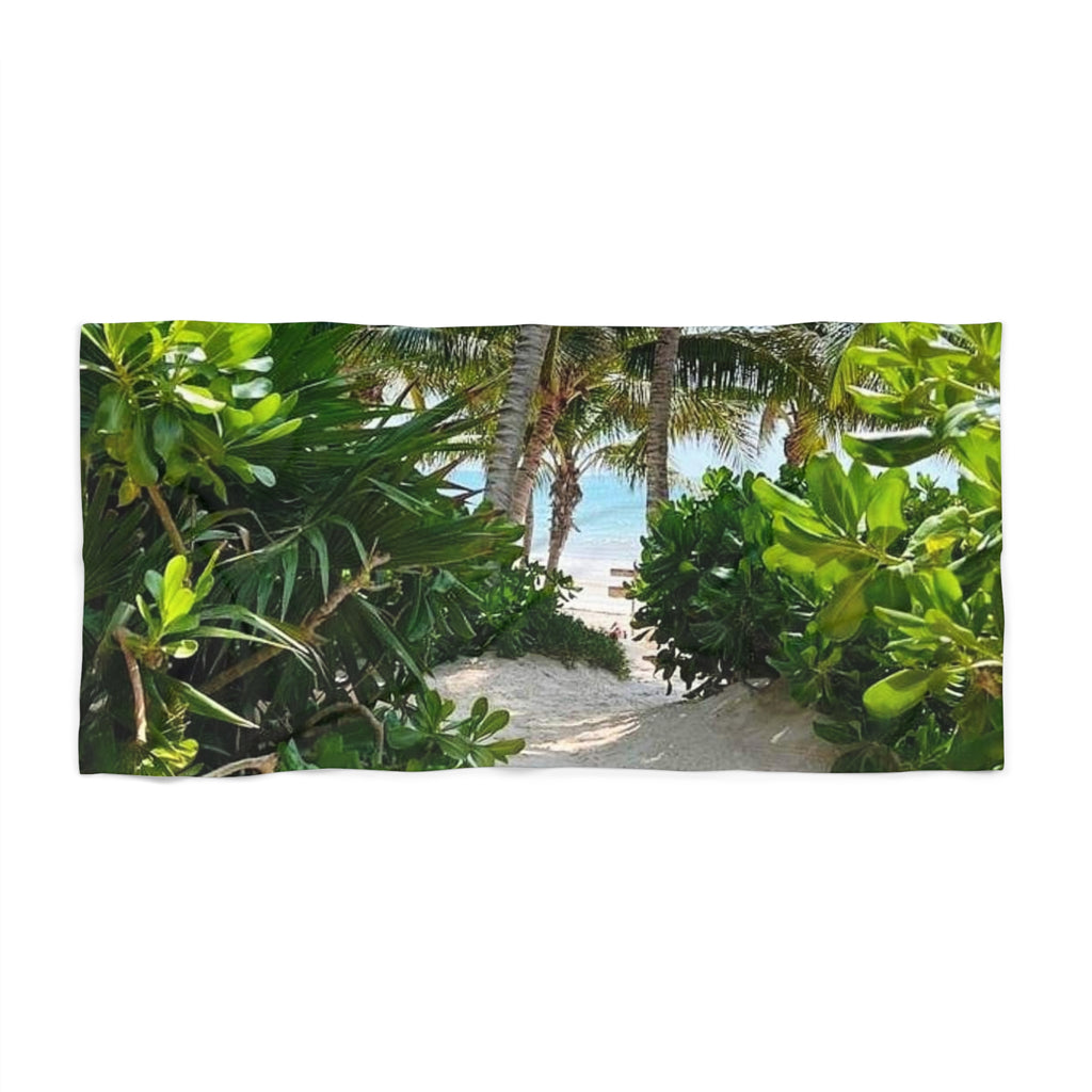 Hidden Beach Path beach towel laid flat: sandy path between leafy tropical shrubs leading to a bright beach