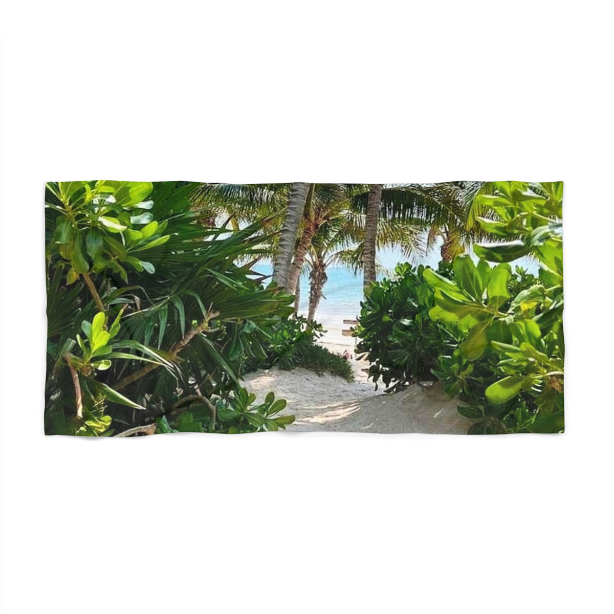 Hidden Beach Path beach towel laid flat: sandy path between leafy tropical shrubs leading to a bright beach