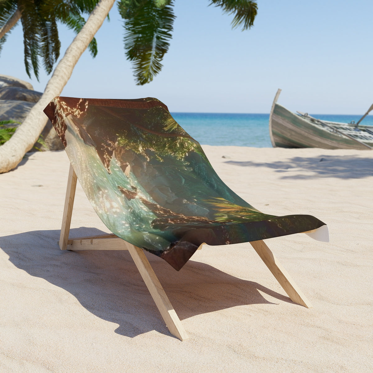 Golden Jungle Lagoon beach towel draped over a wooden beach chair on the sand; chair and scenery not included