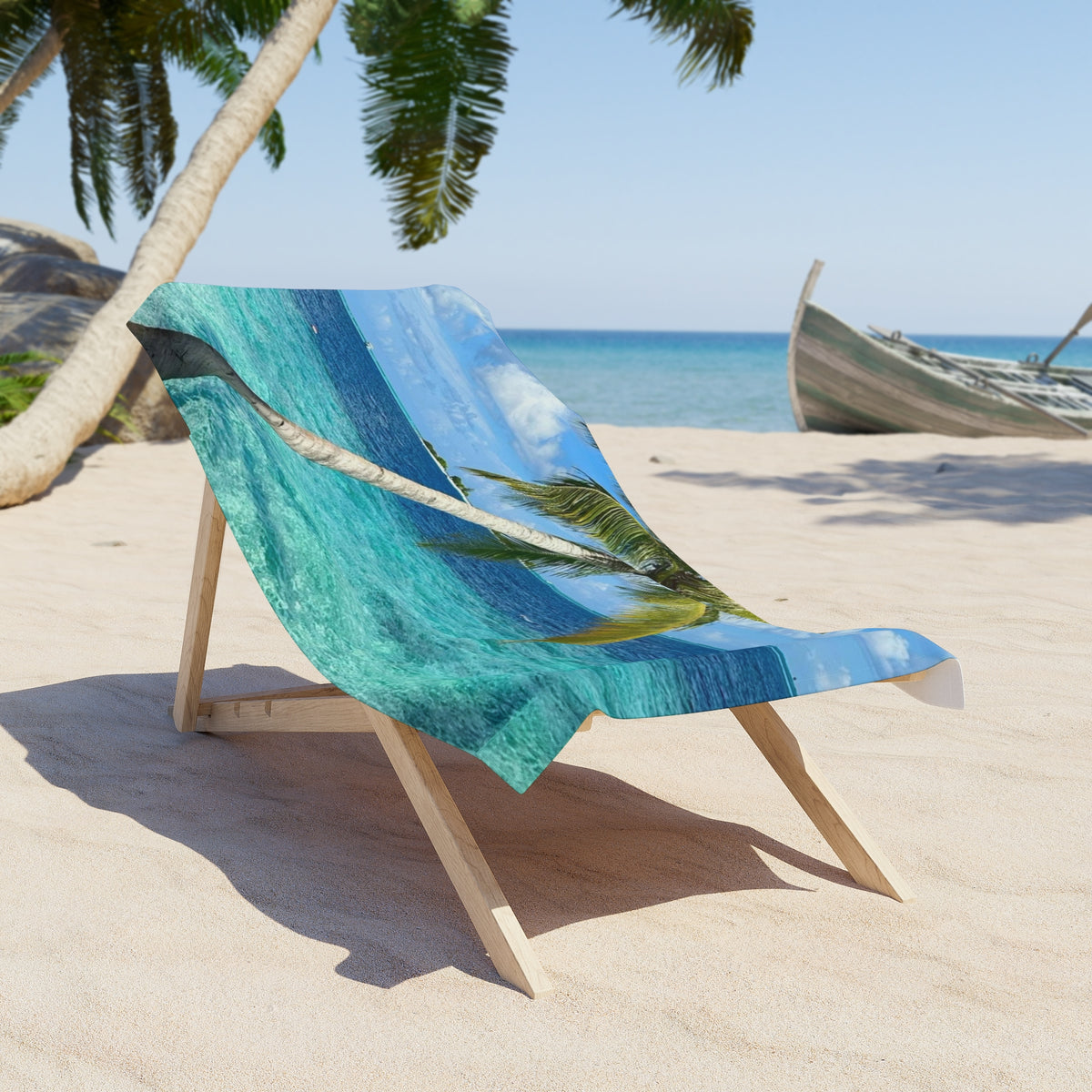 Island Horizon Palm beach towel draped over a wooden beach chair on the sand (chair not included)