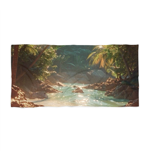 Golden Jungle Lagoon beach towel laid flat, showing sunlight through jungle palms onto a turquoise stream